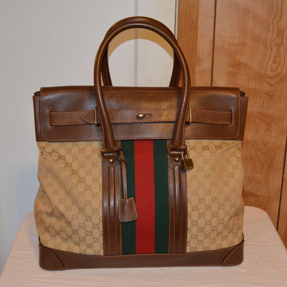 Rare Gucci Brown GG Canvas Web Travel Tote - Picture 1 of 8